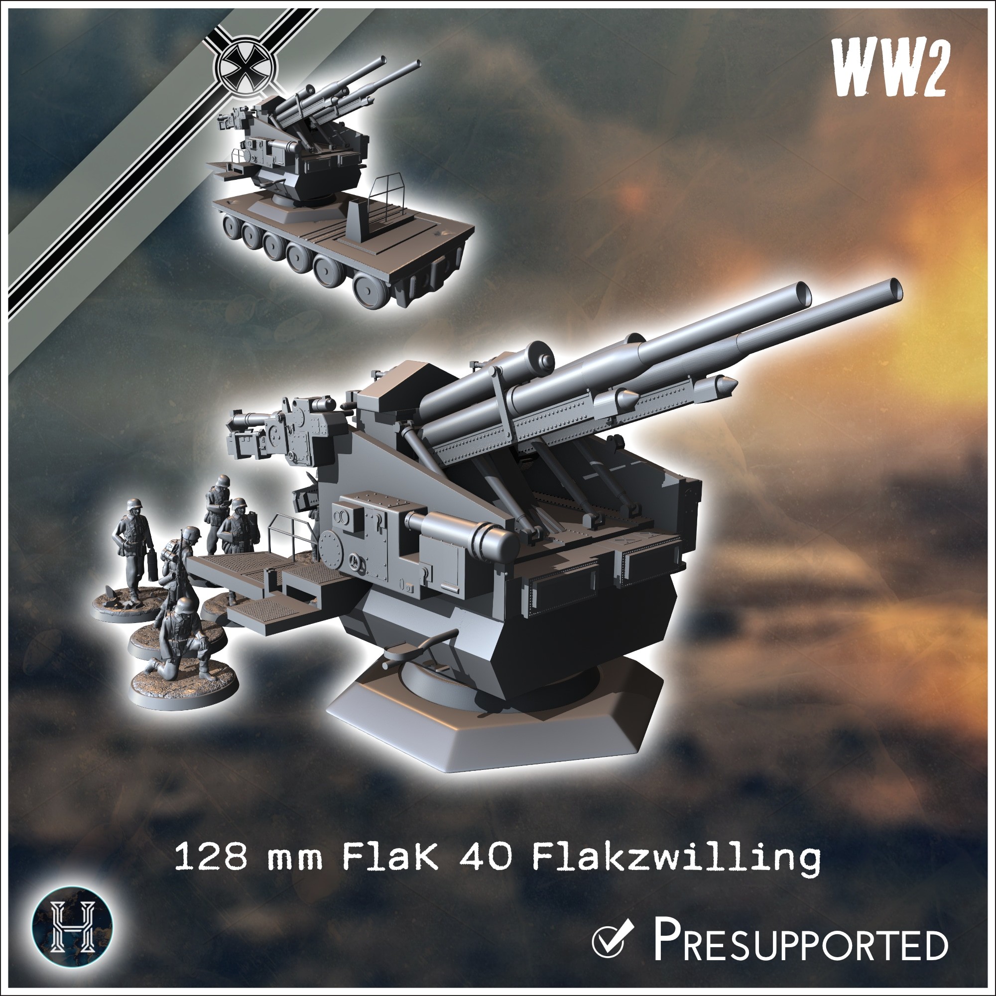 128 mm Flak 40 Flakzwilling heavy anti-aircraft gun (with 5 crews) - Germany Eastern Western Front Normandy Stalingrad Berlin Bulge WWII